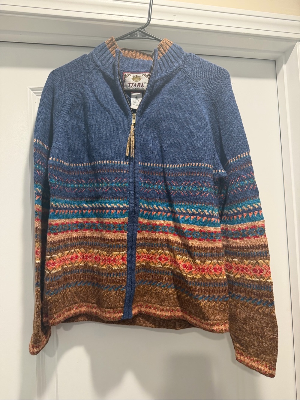 Tiara International Blue Multicolor Zip-Front Fair Isle Sweater